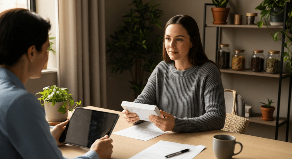 Nő hormonvizsgálat konzultáción, mintakészlettel az asztalnál