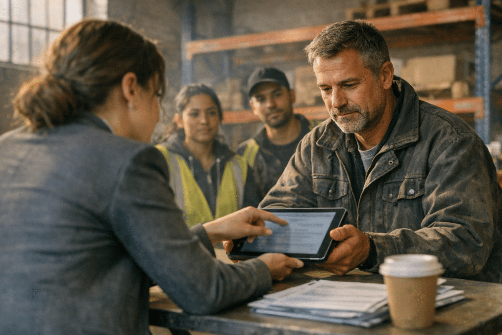 munkaerő kölcsönzés menete: toborzó tabletet ad át műhelyfelügyelőnek