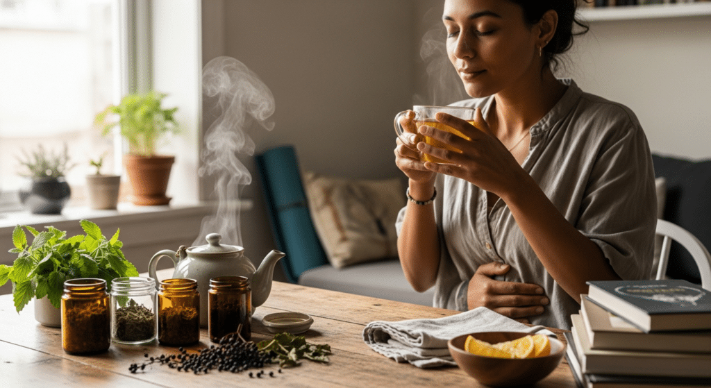 Nyugodt nő teával, kéz a hason — női hormonrendszer javítása