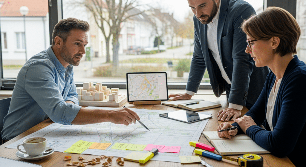 Településrendezés megbeszélés: szakemberek parcellát mutatnak térképen
