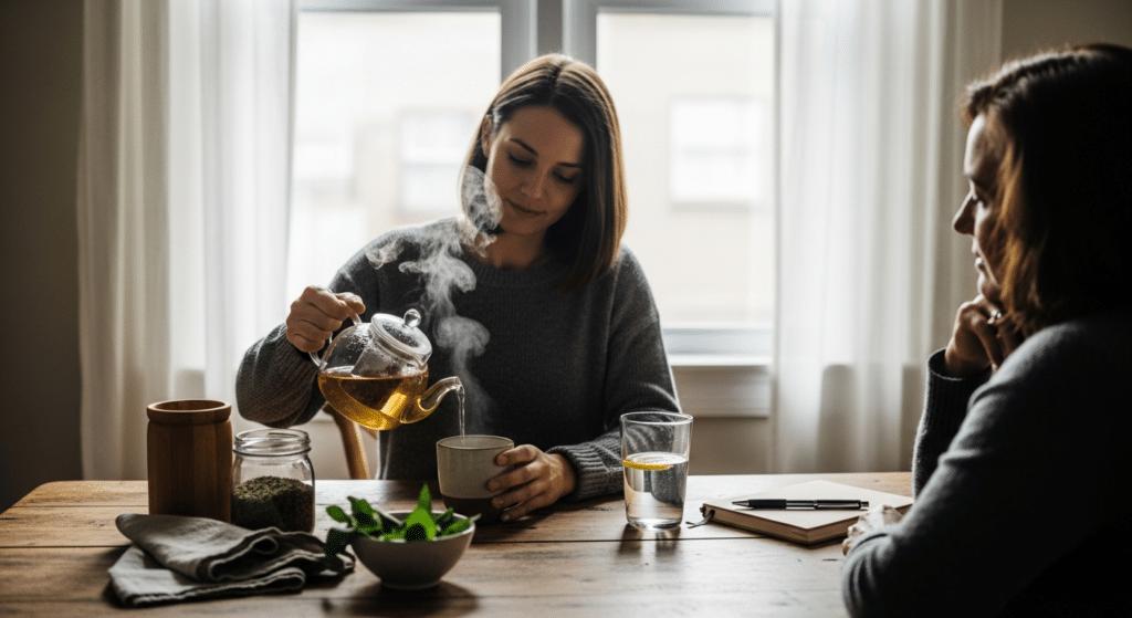 Nő gyógynövényteát önt a vérzéscsillapítás támogatására
