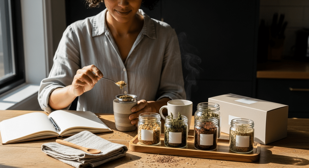 HerbClinic teakeverék rendszer: nő készít teát napfényes konyhában