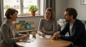 gyermek érzelmi támogatása konzultáción: tanácsadó és aggódó szülők