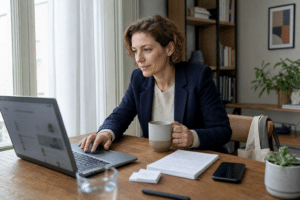 Nő otthoni irodában vásárolható domain név kutatása laptopnál